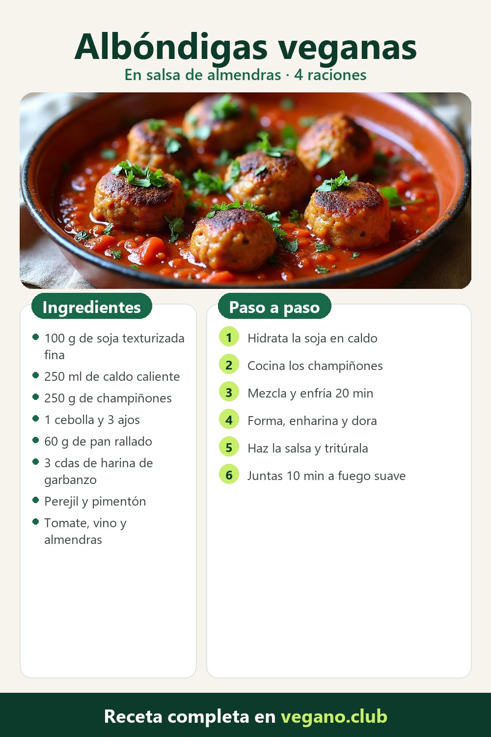 Infografía paso a paso: Albóndigas veganas en salsa de tomate y almendras
