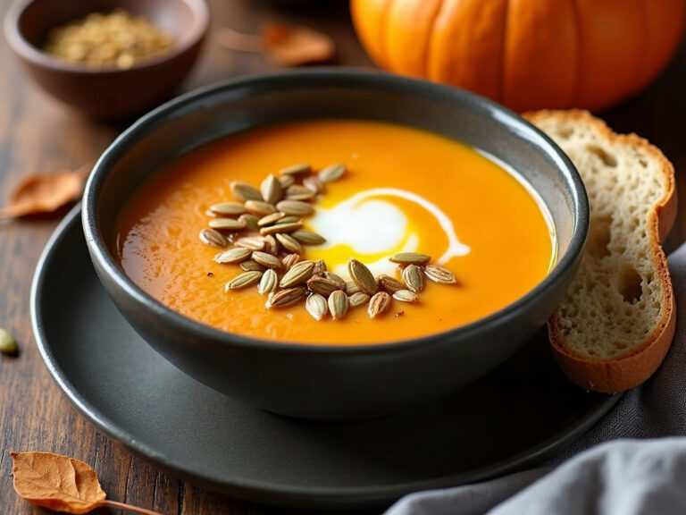 Cuenco de crema de calabaza con leche de coco y pipas