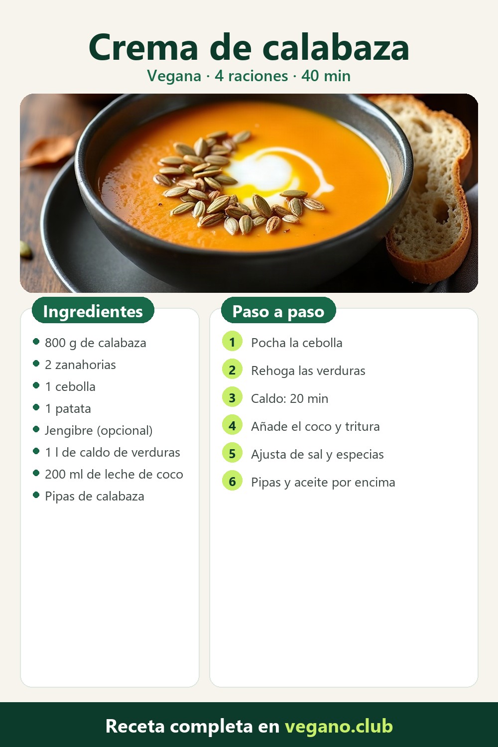 Infografía paso a paso: Crema de calabaza y zanahoria vegana, suave y fácil