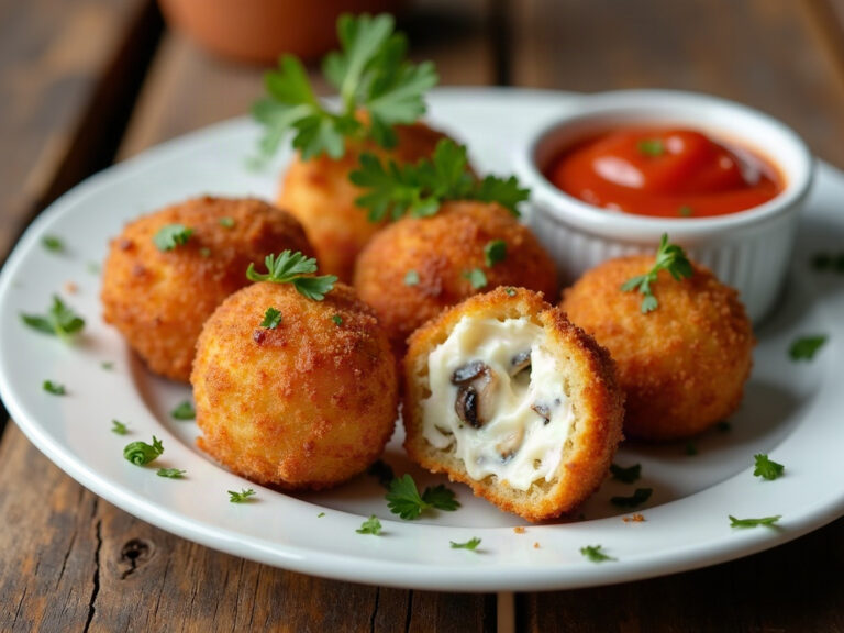 Croquetas veganas de setas, una abierta mostrando la bechamel
