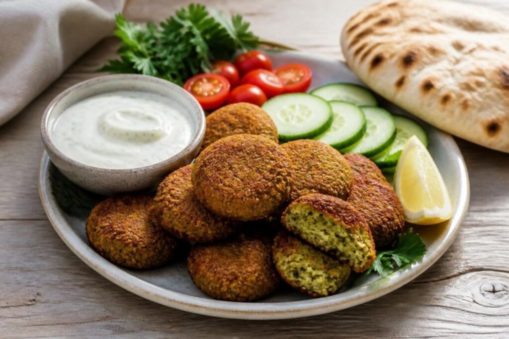 Falafel dorados con salsa de yogur y tahini, pepino, tomate y pan de pita