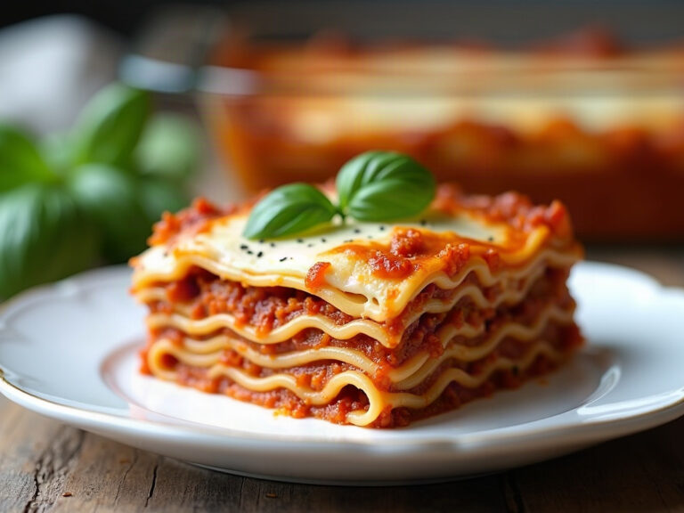 Porción de lasaña vegana con capas de boloñesa de lentejas y bechamel