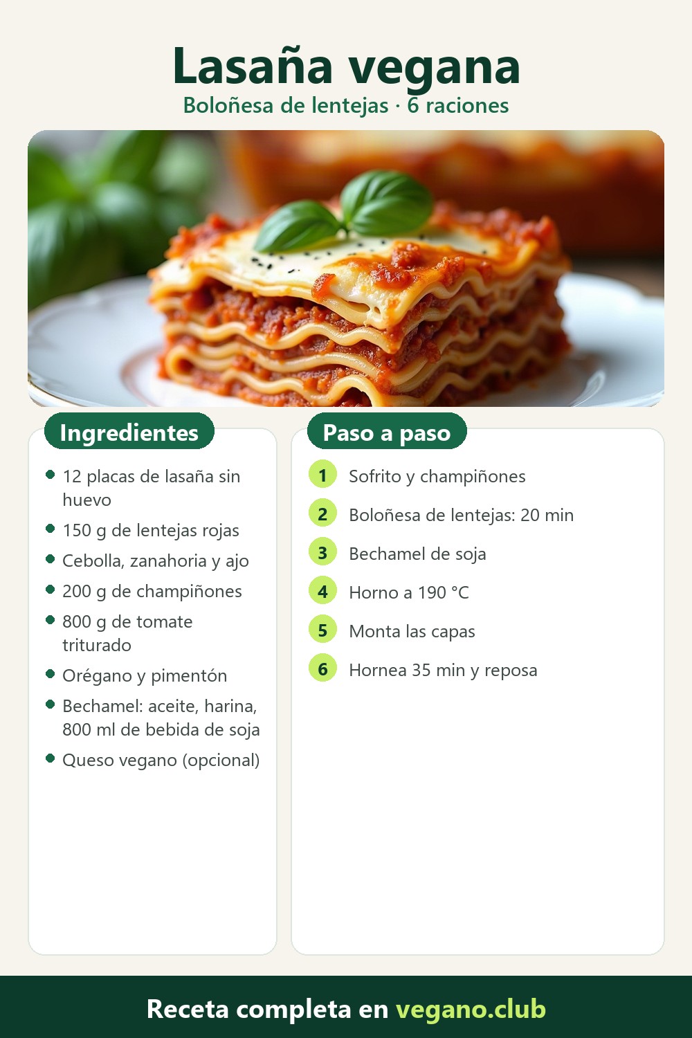 Infografía paso a paso: Lasaña vegana con boloñesa de lentejas y bechamel vegetal