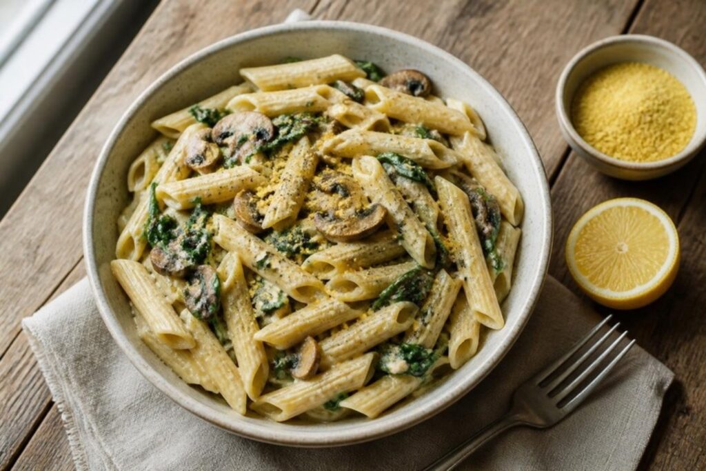 Plato de penne con salsa cremosa de alubias blancas, champiñones y espinacas