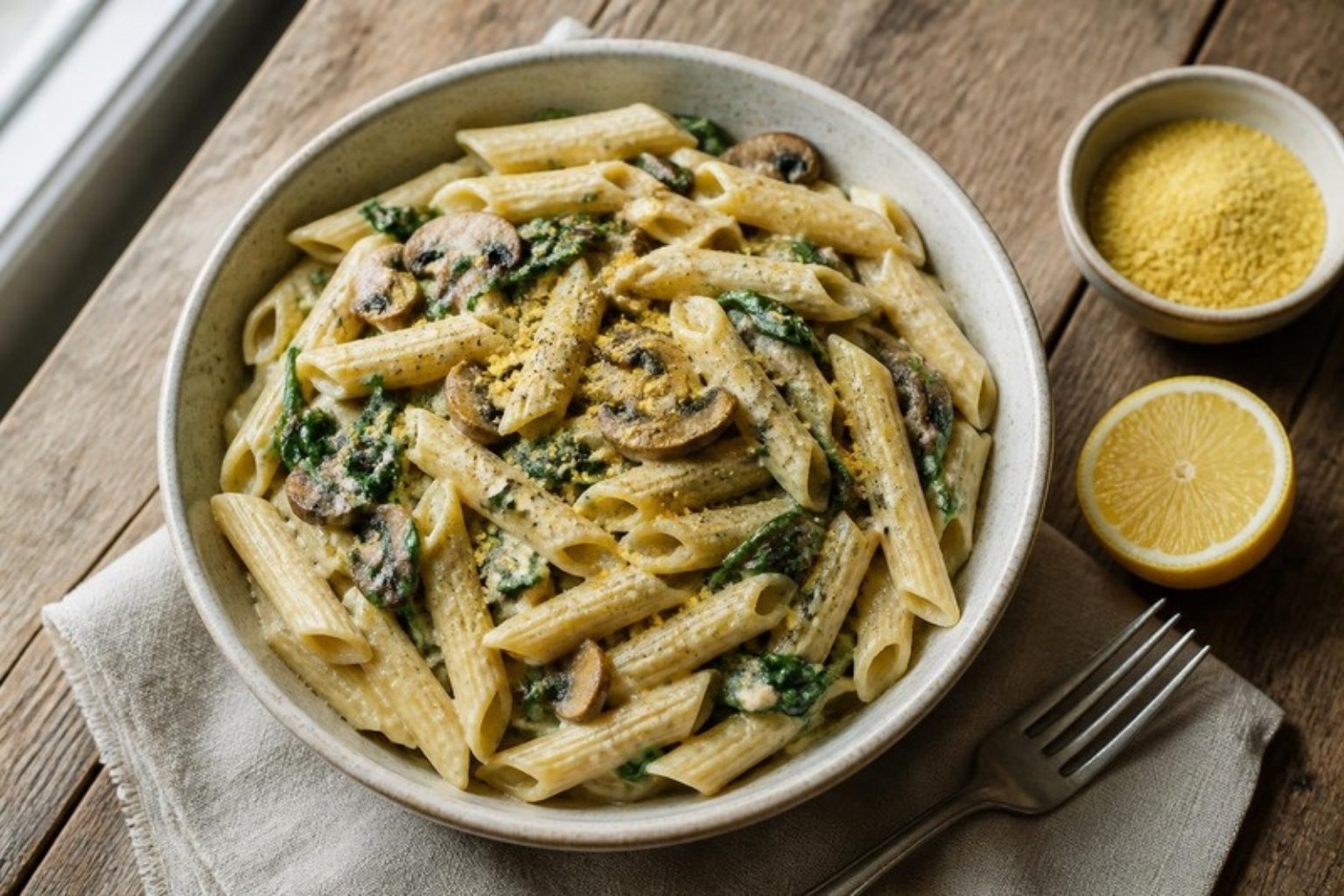 Pasta vegana cremosa con alubias, champiñones y espinacas