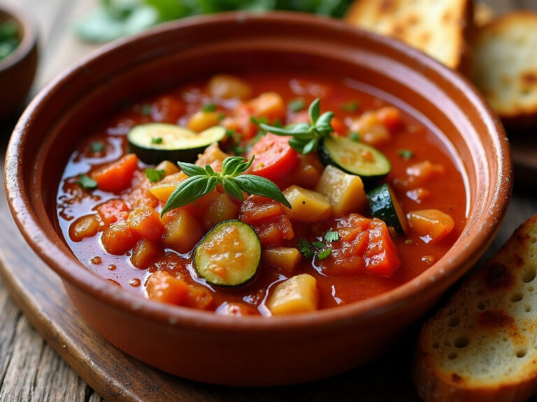 Cazuela de pisto manchego con pan tostado