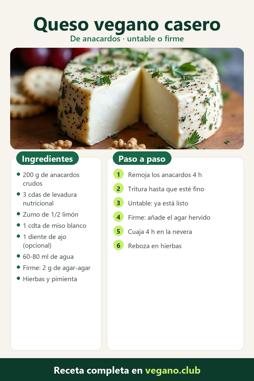 Infografía paso a paso: Queso vegano casero de anacardos (untable o curado)