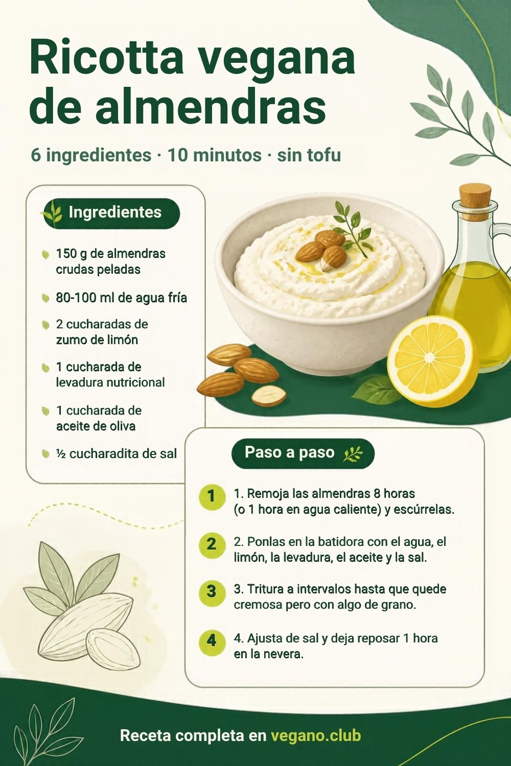 Infografía paso a paso: Ricotta vegana de almendras: 6 ingredientes y sin tofu
