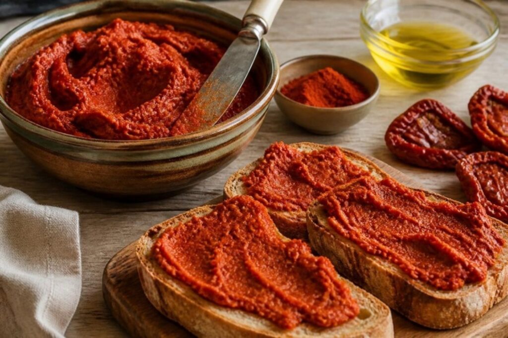 Sobrasada vegana casera en un cuenco y untada en tostadas
